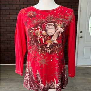 New Directions‎ Red Santa Merry Christmas 3/4 Sleeve Graphic Top L 100% Cotton